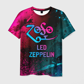 Мужская футболка 3D с принтом Led Zeppelin   neon gradient в Кировске, 100% полиэфир | прямой крой, круглый вырез горловины, длина до линии бедер | 
