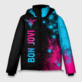 Мужская зимняя куртка 3D с принтом Bon Jovi   neon gradient: по вертикали в Новосибирске, верх — 100% полиэстер; подкладка — 100% полиэстер; утеплитель — 100% полиэстер | длина ниже бедра, свободный силуэт Оверсайз. Есть воротник-стойка, отстегивающийся капюшон и ветрозащитная планка. 

Боковые карманы с листочкой на кнопках и внутренний карман на молнии. | Тематика изображения на принте: 