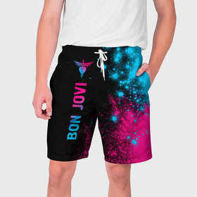 Мужские шорты 3D с принтом Bon Jovi   neon gradient: по вертикали в Санкт-Петербурге,  полиэстер 100% | прямой крой, два кармана без застежек по бокам. Мягкая трикотажная резинка на поясе, внутри которой широкие завязки. Длина чуть выше колен | 