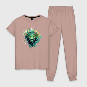 Женская пижама хлопок с принтом Зеленый дракон символ года в Петрозаводске, 100% хлопок | брюки и футболка прямого кроя, без карманов, на брюках мягкая резинка на поясе и по низу штанин | 
