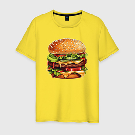 Мужская футболка хлопок с принтом Огромный гамбургер в Екатеринбурге, 100% хлопок | прямой крой, круглый вырез горловины, длина до линии бедер, слегка спущенное плечо. | 
