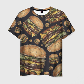 Мужская футболка 3D с принтом Аппетитные чизбургеры в Петрозаводске, 100% полиэфир | прямой крой, круглый вырез горловины, длина до линии бедер | Тематика изображения на принте: 