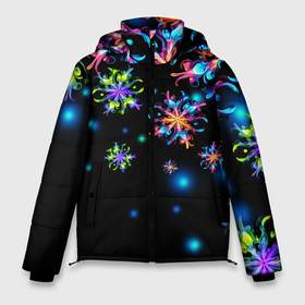 Мужская зимняя куртка 3D с принтом Неоновые снежинки   Новый год в Белгороде, верх — 100% полиэстер; подкладка — 100% полиэстер; утеплитель — 100% полиэстер | длина ниже бедра, свободный силуэт Оверсайз. Есть воротник-стойка, отстегивающийся капюшон и ветрозащитная планка. 

Боковые карманы с листочкой на кнопках и внутренний карман на молнии. | 