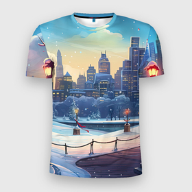 Мужская футболка 3D Slim с принтом Зимний большой город в Кировске, 100% полиэстер с улучшенными характеристиками | приталенный силуэт, круглая горловина, широкие плечи, сужается к линии бедра | Тематика изображения на принте: 