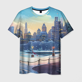 Мужская футболка 3D с принтом Зимний большой город в Кировске, 100% полиэфир | прямой крой, круглый вырез горловины, длина до линии бедер | Тематика изображения на принте: 