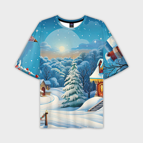 Мужская футболка oversize 3D с принтом Зимний домик и елка в Екатеринбурге,  |  | 