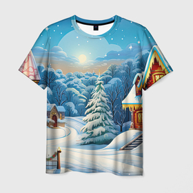 Мужская футболка 3D с принтом Зимний домик и елка , 100% полиэфир | прямой крой, круглый вырез горловины, длина до линии бедер | 