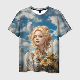 Мужская футболка 3D с принтом Девушка славянка с букетом цветов , 100% полиэфир | прямой крой, круглый вырез горловины, длина до линии бедер | 