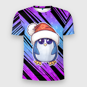 Мужская футболка 3D Slim с принтом Новогодний пингвин с шапкой в Санкт-Петербурге, 100% полиэстер с улучшенными характеристиками | приталенный силуэт, круглая горловина, широкие плечи, сужается к линии бедра | Тематика изображения на принте: 