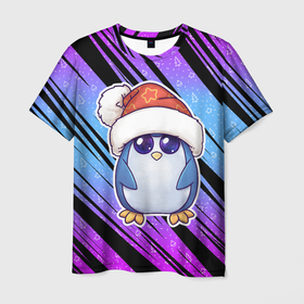 Мужская футболка 3D с принтом Новогодний пингвин с шапкой , 100% полиэфир | прямой крой, круглый вырез горловины, длина до линии бедер | Тематика изображения на принте: 