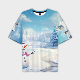 Мужская футболка oversize 3D с принтом Новогодний пейзаж снеговик в Тюмени,  |  | 