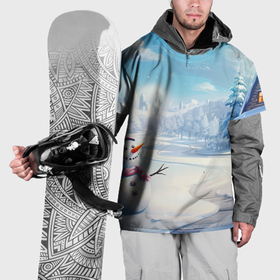 Накидка на куртку 3D с принтом Новогодний пейзаж снеговик в Тюмени, 100% полиэстер |  | Тематика изображения на принте: 