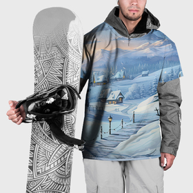 Накидка на куртку 3D с принтом Новогодний дворик со снеговиком в Тюмени, 100% полиэстер |  | 