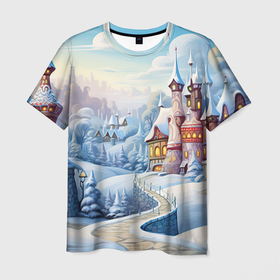 Мужская футболка 3D с принтом Новогодний     городок , 100% полиэфир | прямой крой, круглый вырез горловины, длина до линии бедер | 