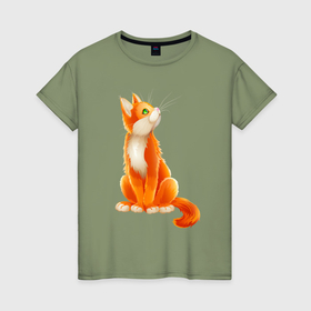 Женская футболка хлопок с принтом Оранжевый кот куда то смотрит в Белгороде, 100% хлопок | прямой крой, круглый вырез горловины, длина до линии бедер, слегка спущенное плечо | 