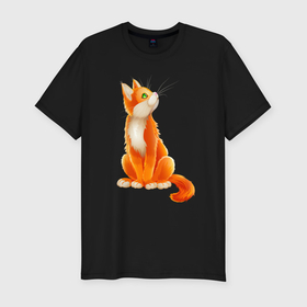 Мужская футболка хлопок Slim с принтом Оранжевый кот куда то смотрит в Тюмени, 92% хлопок, 8% лайкра | приталенный силуэт, круглый вырез ворота, длина до линии бедра, короткий рукав | 