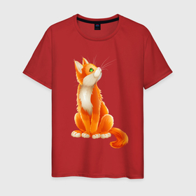 Мужская футболка хлопок с принтом Оранжевый кот куда то смотрит , 100% хлопок | прямой крой, круглый вырез горловины, длина до линии бедер, слегка спущенное плечо. | 