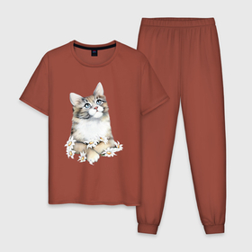 Мужская пижама хлопок с принтом Котик с цветами в Санкт-Петербурге, 100% хлопок | брюки и футболка прямого кроя, без карманов, на брюках мягкая резинка на поясе и по низу штанин
 | 