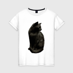 Женская футболка хлопок с принтом Чёрный пушистый кот в Петрозаводске, 100% хлопок | прямой крой, круглый вырез горловины, длина до линии бедер, слегка спущенное плечо | Тематика изображения на принте: 