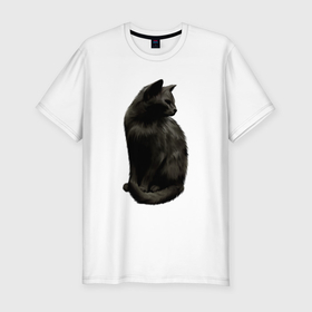 Мужская футболка хлопок Slim с принтом Чёрный пушистый кот , 92% хлопок, 8% лайкра | приталенный силуэт, круглый вырез ворота, длина до линии бедра, короткий рукав | 