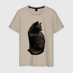 Мужская футболка хлопок с принтом Чёрный пушистый кот в Кировске, 100% хлопок | прямой крой, круглый вырез горловины, длина до линии бедер, слегка спущенное плечо. | 