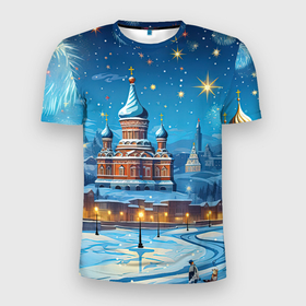 Мужская футболка 3D Slim с принтом Новогодняя Москва в Кировске, 100% полиэстер с улучшенными характеристиками | приталенный силуэт, круглая горловина, широкие плечи, сужается к линии бедра | 