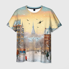 Мужская футболка 3D с принтом Новогодний    городок , 100% полиэфир | прямой крой, круглый вырез горловины, длина до линии бедер | 