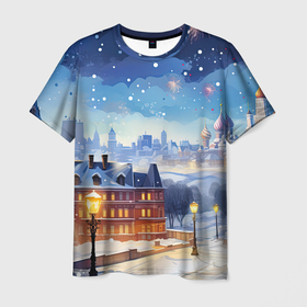 Мужская футболка 3D с принтом Новогодний городской вечер в Кировске, 100% полиэфир | прямой крой, круглый вырез горловины, длина до линии бедер | 