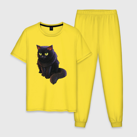 Мужская пижама хлопок с принтом Чёрный кот в раздумьях , 100% хлопок | брюки и футболка прямого кроя, без карманов, на брюках мягкая резинка на поясе и по низу штанин
 | 