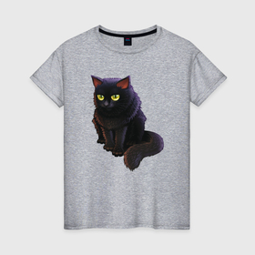 Женская футболка хлопок с принтом Чёрный кот в раздумьях в Петрозаводске, 100% хлопок | прямой крой, круглый вырез горловины, длина до линии бедер, слегка спущенное плечо | Тематика изображения на принте: 