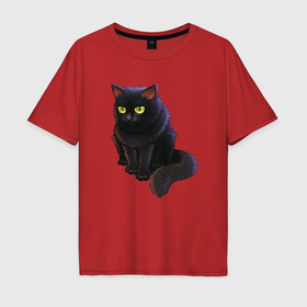 Мужская футболка хлопок Oversize с принтом Чёрный кот в раздумьях в Екатеринбурге, 100% хлопок | свободный крой, круглый ворот, “спинка” длиннее передней части | Тематика изображения на принте: 
