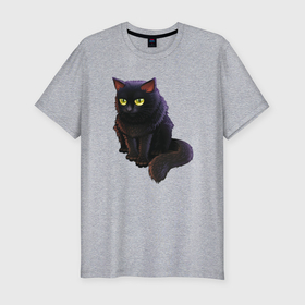 Мужская футболка хлопок Slim с принтом Чёрный кот в раздумьях в Екатеринбурге, 92% хлопок, 8% лайкра | приталенный силуэт, круглый вырез ворота, длина до линии бедра, короткий рукав | Тематика изображения на принте: 