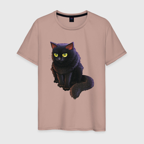 Мужская футболка хлопок с принтом Чёрный кот в раздумьях в Екатеринбурге, 100% хлопок | прямой крой, круглый вырез горловины, длина до линии бедер, слегка спущенное плечо. | Тематика изображения на принте: 
