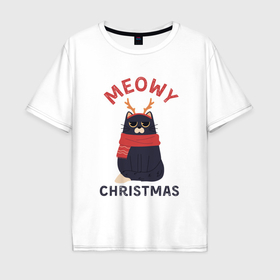Мужская футболка хлопок Oversize с принтом Новогодний котик с рогами в Екатеринбурге, 100% хлопок | свободный крой, круглый ворот, “спинка” длиннее передней части | Тематика изображения на принте: 