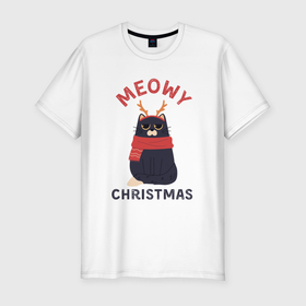 Мужская футболка хлопок Slim с принтом Новогодний котик с рогами в Екатеринбурге, 92% хлопок, 8% лайкра | приталенный силуэт, круглый вырез ворота, длина до линии бедра, короткий рукав | Тематика изображения на принте: 