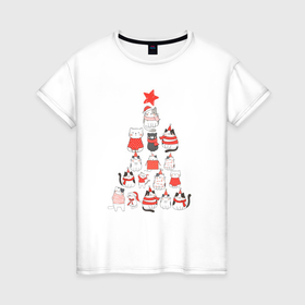Женская футболка хлопок с принтом Ёлка из котиков в Санкт-Петербурге, 100% хлопок | прямой крой, круглый вырез горловины, длина до линии бедер, слегка спущенное плечо | 