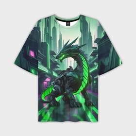 Мужская футболка oversize 3D с принтом Неоновый зеленый дракон в Петрозаводске,  |  | 