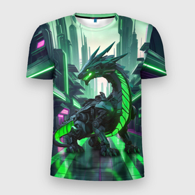 Мужская футболка 3D Slim с принтом Неоновый зеленый дракон в Петрозаводске, 100% полиэстер с улучшенными характеристиками | приталенный силуэт, круглая горловина, широкие плечи, сужается к линии бедра | 
