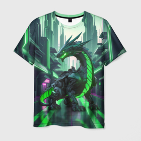 Мужская футболка 3D с принтом Неоновый зеленый дракон в Белгороде, 100% полиэфир | прямой крой, круглый вырез горловины, длина до линии бедер | 