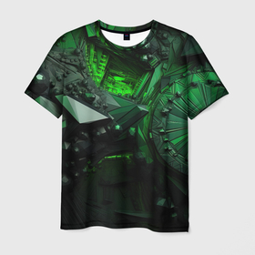 Мужская футболка 3D с принтом Объемные  зеленые абстракции в Кировске, 100% полиэфир | прямой крой, круглый вырез горловины, длина до линии бедер | 