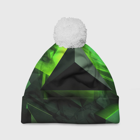 Шапка 3D c помпоном с принтом Зеленые треугольники в Белгороде, 100% полиэстер | универсальный размер, печать по всей поверхности изделия | 