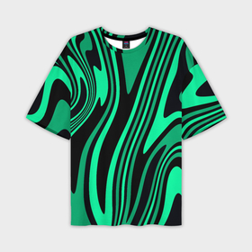Мужская футболка oversize 3D с принтом Абстракция изогнутые линии чёрно зелёный в Тюмени,  |  | 