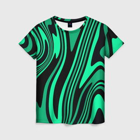 Женская футболка 3D с принтом Абстракция изогнутые линии чёрно зелёный в Тюмени, 100% полиэфир ( синтетическое хлопкоподобное полотно) | прямой крой, круглый вырез горловины, длина до линии бедер | 