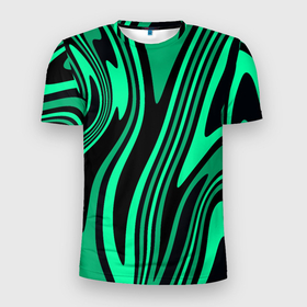 Мужская футболка 3D Slim с принтом Абстракция изогнутые линии чёрно зелёный в Тюмени, 100% полиэстер с улучшенными характеристиками | приталенный силуэт, круглая горловина, широкие плечи, сужается к линии бедра | 