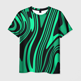 Мужская футболка 3D с принтом Абстракция изогнутые линии чёрно зелёный в Тюмени, 100% полиэфир | прямой крой, круглый вырез горловины, длина до линии бедер | 