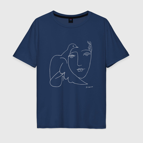 Мужская футболка хлопок Oversize с принтом Пикассо голубка набросок одной линией в Белгороде, 100% хлопок | свободный крой, круглый ворот, “спинка” длиннее передней части | 