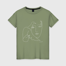 Женская футболка хлопок с принтом Пикассо голубка набросок одной линией в Тюмени, 100% хлопок | прямой крой, круглый вырез горловины, длина до линии бедер, слегка спущенное плечо | 