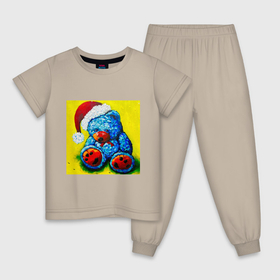 Детская пижама хлопок с принтом Плюшевый синий Санта мишка в Новосибирске, 100% хлопок |  брюки и футболка прямого кроя, без карманов, на брюках мягкая резинка на поясе и по низу штанин
 | Тематика изображения на принте: 