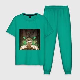 Мужская пижама хлопок с принтом Эрен Йегер и атакующий титан в Новосибирске, 100% хлопок | брюки и футболка прямого кроя, без карманов, на брюках мягкая резинка на поясе и по низу штанин
 | Тематика изображения на принте: 