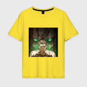 Мужская футболка хлопок Oversize с принтом Эрен Йегер и атакующий титан в Тюмени, 100% хлопок | свободный крой, круглый ворот, “спинка” длиннее передней части | Тематика изображения на принте: 